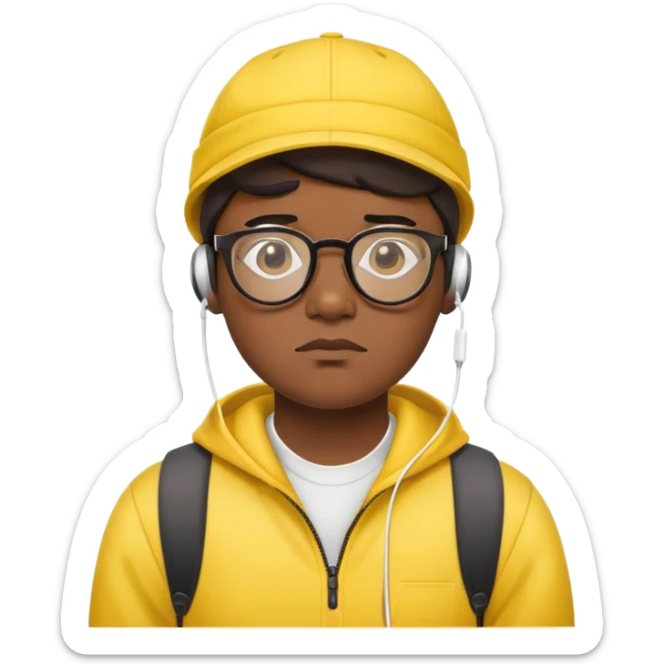 "- Nam
- 30 tuổi
- Da đen
- Đội mũ lưỡi trai vàng
- Đeo kính, airpod
- Mặt buồn
" sticker