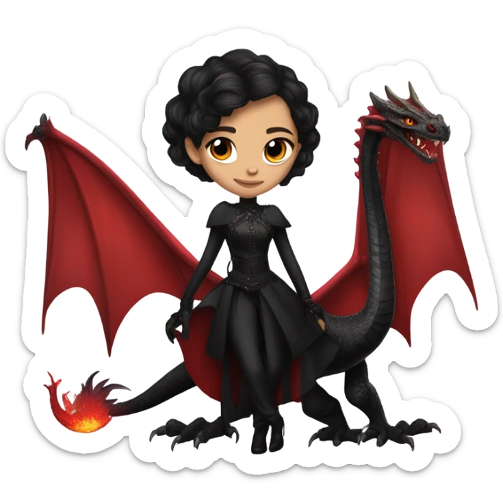 Lavish Victorian evening gown with gloves, Jenna Ortega as Addams Jedi wearing a mini tiara, riding on the back of a very large blood red evil-looking horned firedragon sticker