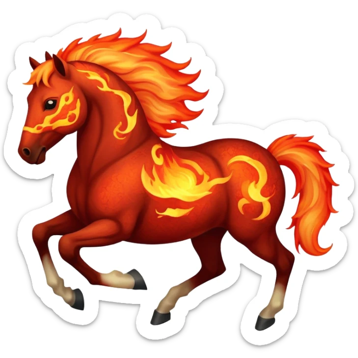 Red fast fire horse made of embers, magma, visible lava, burning, with ash particles surrounding it. Horse galloping with a fiery mane and tail. sticker