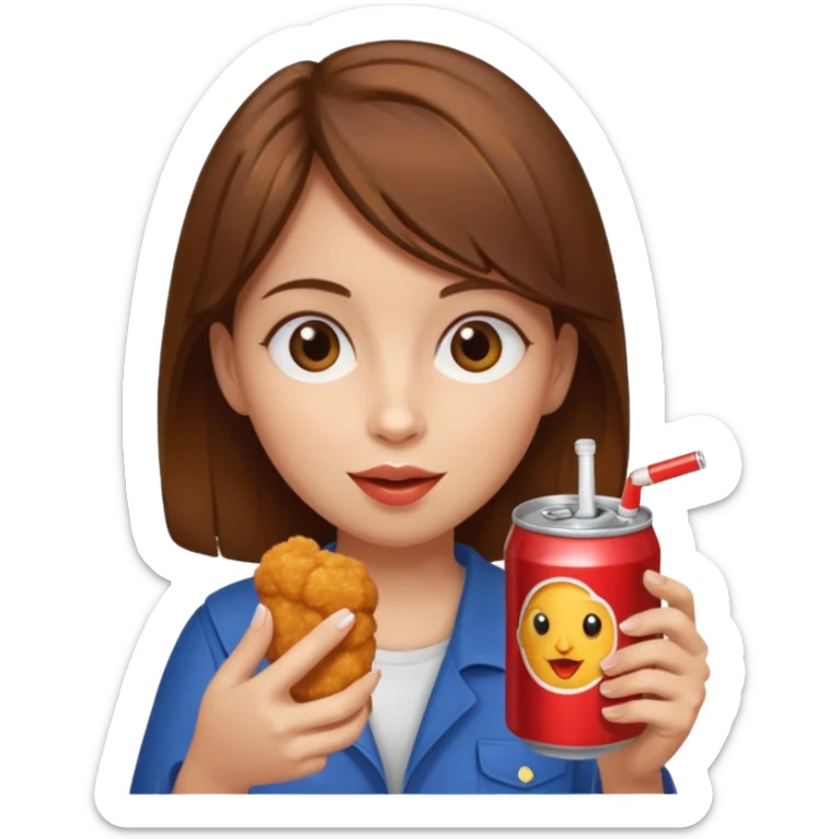 brown hair girl eating chicken nugget and holding a soda can sticker