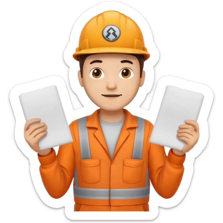 emoji style railway engineer full body in orange overalls, carrying one piece of paper with both hands in front of him sticker