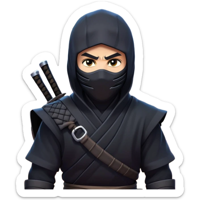 clash-of-clans-aesthetic_-cinematic-mysterious-male-ninja-portrait-emoji, rendered in a flat, vector-style with minimal shading and bold, simplified shapes, with a head slightly turned revealing intense, focused eyes, perched crouched next to an agile trained panther with glossy fur moving silently through shadowed urban rooftops and moonlit alleyways. sticker