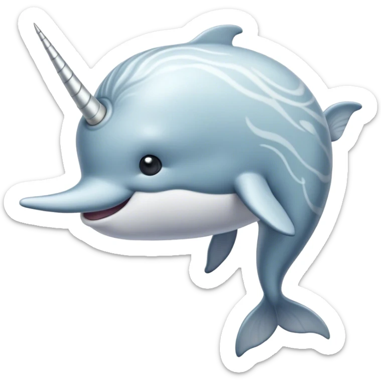 Cinematic Noble Narwhal Portrait Emoji, Poised and majestic, with a robust, streamlined body draped in mottled, silvery-gray skin, featuring a long, spiraled, ivory tusk and deep, thoughtful eyes that exude ancient oceanic wisdom, Simplified yet sharp and sophisticated features, highly detailed, glowing with a soft, ethereal arctic glow, high shine, intelligent and enigmatic, stylized with an air of mythical marine grandeur, focused and graceful, soft glowing outline, capturing the essence of a watchful and confident sea unicorn that appears ready to glide out of the screen with timeless authority! sticker