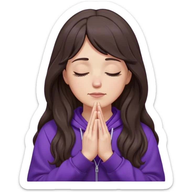 Praying hands, white woman with dark-brown long wavy hair and long bangs, closed eyes, wearing a purple hoodie sticker
