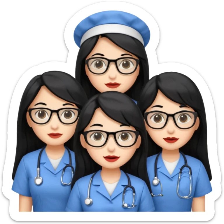 Genera emogis de 4 cuatro enfermeras de cabello negro largo, entre ellas que una tenga lentes y otra un lunar encima de los labios sticker