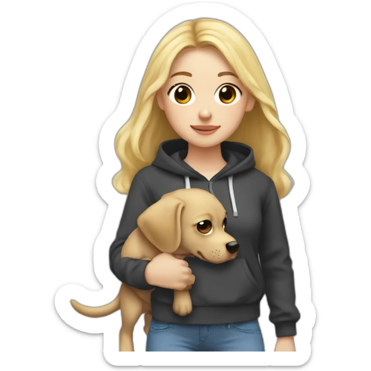 A blonde girl  with smooth hair and a ray in the middle of his hair, she has light skin a few freckles, and she wear a hoodies and she Carries in his arms a BLACK baby labrador dog  sticker