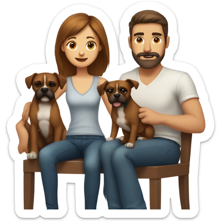 a girl with brown hair, a man with short buzz brown hair with a beard, sitting, with two brown boxer dogs sticker