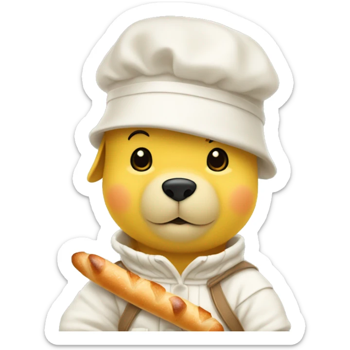 white winnie the pooh, parisien style with beret on hair and baguette on arms sticker