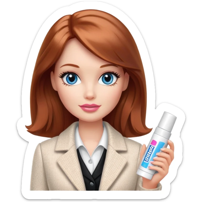 A Barbie girl with blue eyes, shoulder-length reddish-brown hair, made-up, in a white tweed jacket and black skirt, holding a tube of pale beige face cream sticker