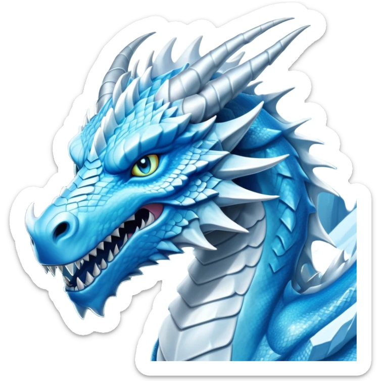 Cinematic Noble Fierce Ice Dragon Portrait Emoji, Poised and imposing, with a muscular, long elegant snout, scaled body shimmering in glacial hues of icy blue, frostbitten silver, and crystalline white, breathing out frost, with piercing, glowing eyes that radiate the chilling depths of an arctic storm; rendered in detail. sticker