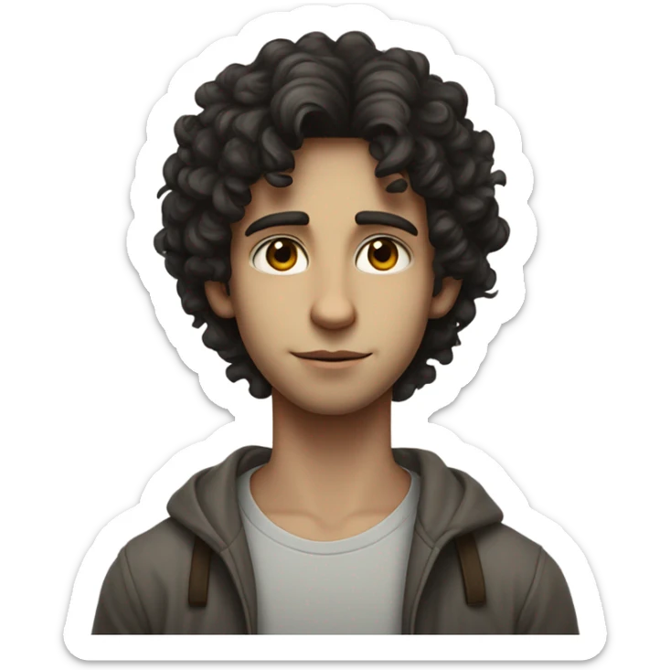 "A young man with dark curly hair, pale skin, and a thin build. He has a humble, thoughtful expression and wears simple, slightly worn clothing. A subtle Star of David appears nearby." sticker