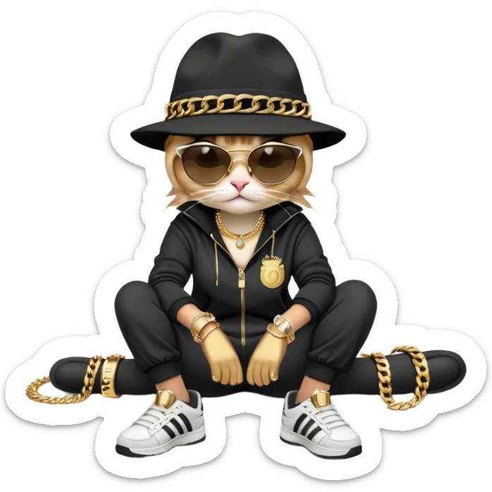 female cat dressed like Run DMC in tracksuit, fedora, Adidas shoes, dark sunglasses, lots of gold chains, rings, bracelets, earrings, lying on the ground after falling, worried look sticker