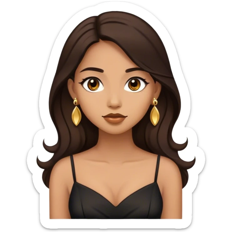 Beautiful woman,cute, long dark brown hair in dark dress with gold earrings sticker