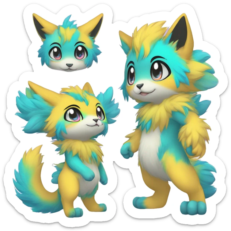 Anthro Scalie Fluffy Cool Cute Magical Shiny Colorful Neon Vibrant Colors Sparkle Kemono-style Chibi Fantasy-Animal-Fakémon-Pokémon-Hybrid Fur Sona Aesthetic Full Body sticker