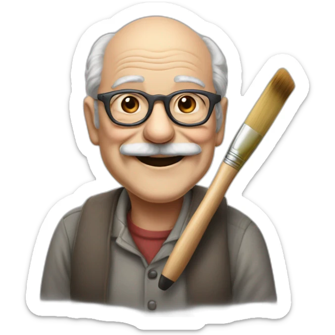 smiling old man who doesn't have much hair anymore, wearing a big gray horeshoe mustache and glasse. he is holding an artist's palette and a paintbrush sticker