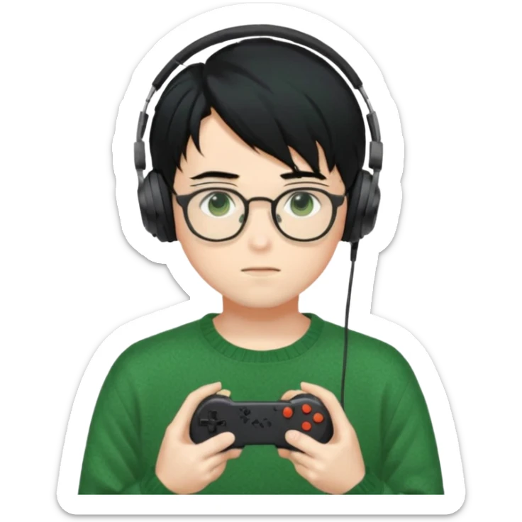 
gamer, Gorgeous green sweater black hair anime style shojo guy glasses, headphone, gamepad sticker