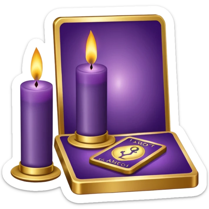 A purple deck of tarot cards and a one candle nearby sticker