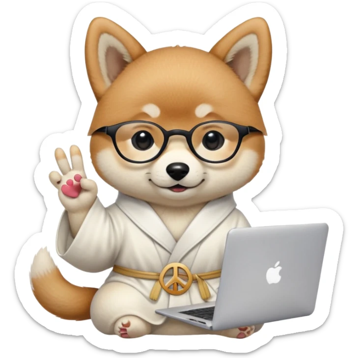 a Shiba Inu puppy wearing a white professor robe and glasses showing a piece sign with in one hand and holding a MacBook in another hand  sticker