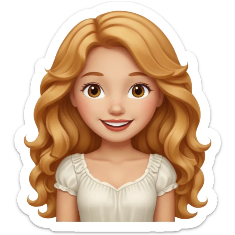 white latina girl with strawberry blonde super long wavy hair, white skirt, blushed cheeks sticker
