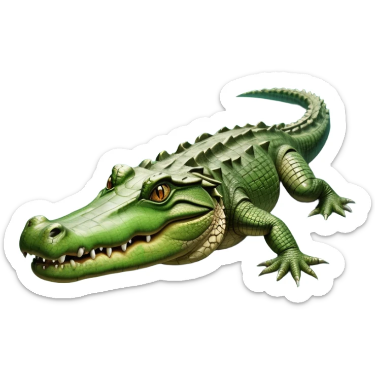 cinematic-crocodile-realistic-full-body-lounging-emoji,-massive-scaled-body-partially-submerged-in-shallow-water,-head-tilted-dramatically,-rough-green-and-brown-hide-textured-with-deep-ridges,-simplified-yet-realistic-focused-features,-highly-detailed,-glowing-with-an-almost-sarcastic-glow sticker