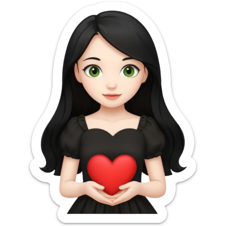 Pale girl with long black hair and olive green eyes soft smile wearing black dress and holding a heart sticker