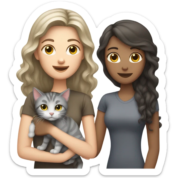 Family emoji, one white woman with straight dark brown hair holding a grey tabby cat,  one white woman with curly long dark hair holding a dark grey cat sticker