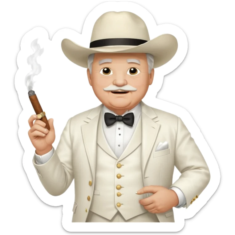 Create an emoji of an older, chubby man wearing an elegant all‑white suit with white waistcoat, white bow tie, and a large white cowboy hat. He is smirking confidently and holding a lit cigar in one hand in front of his chest. The character should look like a greedy, arrogant rich politician. sticker