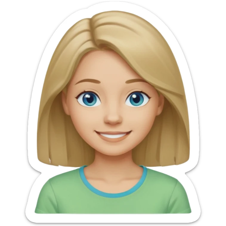 A woman with light skin, longer shoulder-length dark blonde hair, blue eyes, smiling face, wearing a pastel green t-shirt. The emoji should be in Apple-style, minimalistic, colorful, and round-faced. Show only the face or bust (not full body). sticker