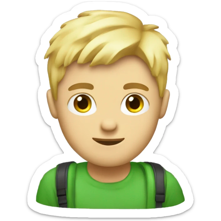 Male game dev with short blonde hair, no glasses and green eyes sitting behind notebook. In a style of an emoji. With no background so it can be used as PNG. sticker