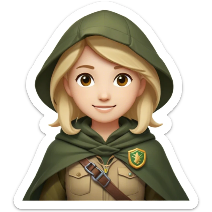 Clash of Clans aesthetic Playful Ranger Portrait Emoji, Head tilted with a friendly, mischievous smile and bright, curious eyes, featuring a compact, nimble build outfitted in rugged, earthy gear and a stylish cloak, his natural skin tone adding authenticity, Simplified yet irresistibly charming features, highly detailed, glowing with a warm, inviting forest glow, high shine, spirited and lively, stylized with an air of whimsical woodland adventure, soft glowing outline, capturing the essence of a playful ranger exuding friendly natural charm! sticker
