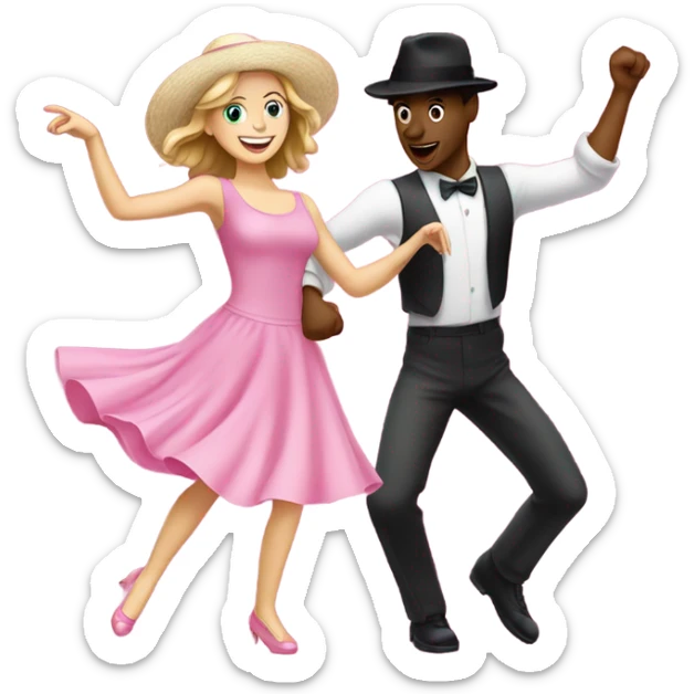 A white girl dancing in a pink dress with a white guy dancing in a pink hat sticker