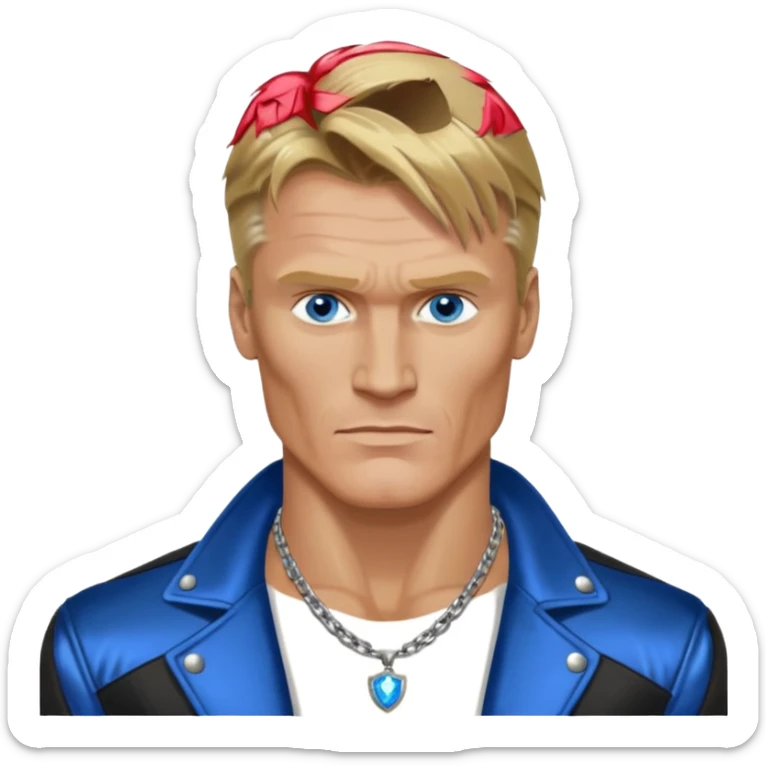 Dolph Lundgern with shirtless with necklace, blue eyes, dark blonde hair, metallic black jacket sticker