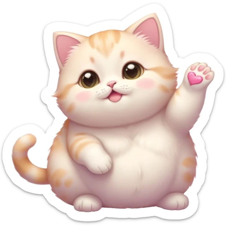 Cinematic chubby pastel kitten, big round eyes full of wonder, tiny paws reaching up, soft fluffy fur glowing in warm light, delicate heart-shaped nose, irresistibly cute and snuggly. sticker