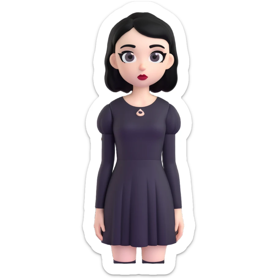 goth girl, pale skin, black hair, dramatic eyeshadow, black dress, 3D emoji style sticker