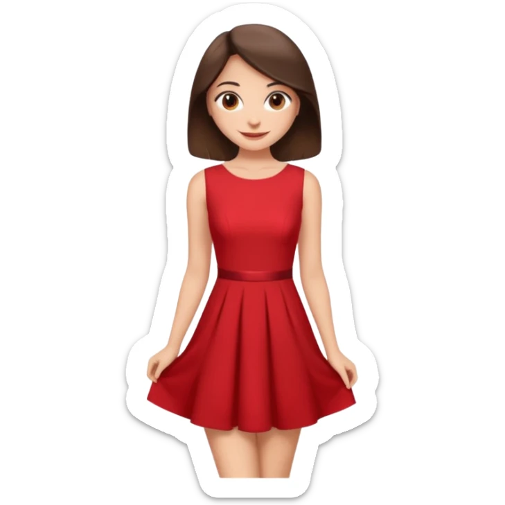 Cartoon emoji of a young brunette woman with fair-medium skin, brown eyes, wearing a red outfit. Full-height, standing confidently in a red dress  posing sexy with a smile and relaxed posture. Smooth, friendly, stylized, make up on, flirty eyes and smile sticker