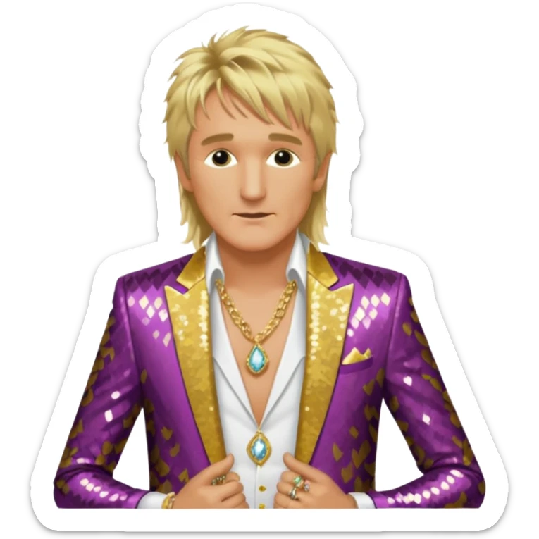 Rod Stewart with long blonde hair, gold sequin suit jacket, shirtless with necklace sticker