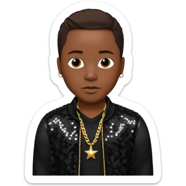 Woody from Dru Hill with dark brown hair, black sequin outfit, dark skin sticker