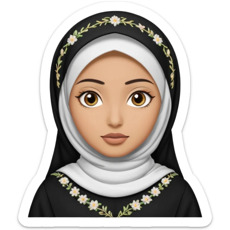 Make a emoji of a Muslim girl wearing a white hijab and makeup on her face, with only her eyes visible and her full body covered in an abaya or burqa. sticker