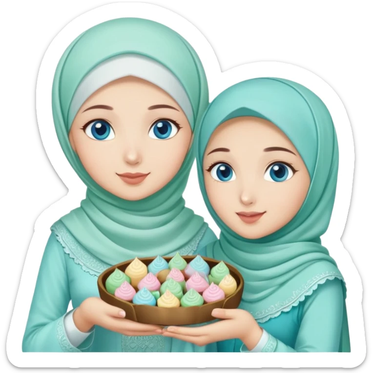Turkish beautiful finish Konya girl blue eyes with mint hijab islamic dress and had on her hand text Eid Mubarak with sweets and celebrating with her friends eid days   sticker