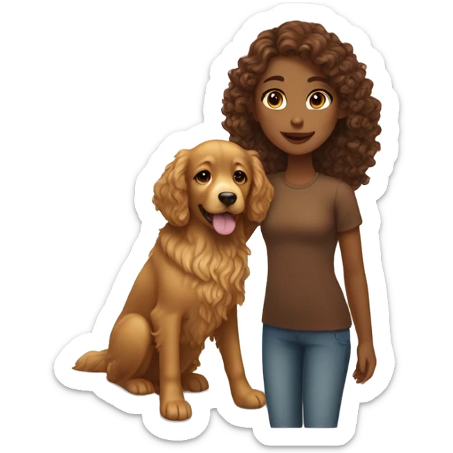 Tan skinned girl with  long brown curly hair with a golden retriever puppy sticker