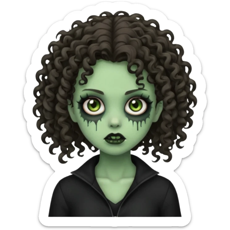 Brunette zombie girl in horror zombie green With curly hair and black clothes  sticker