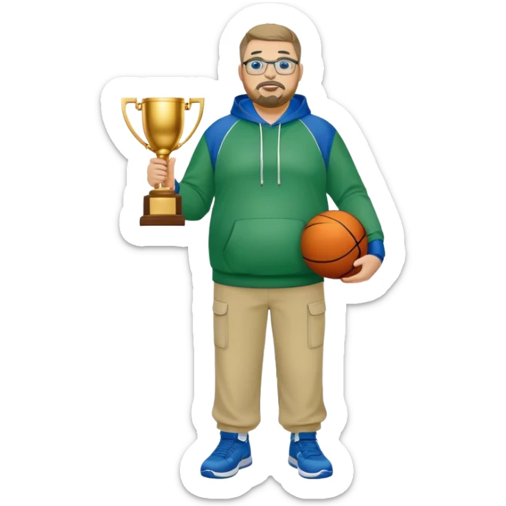 full body white obese male basketball coach with trophy. Goatee , Wearing glasses and blue and green hoodie and khaki pants sticker