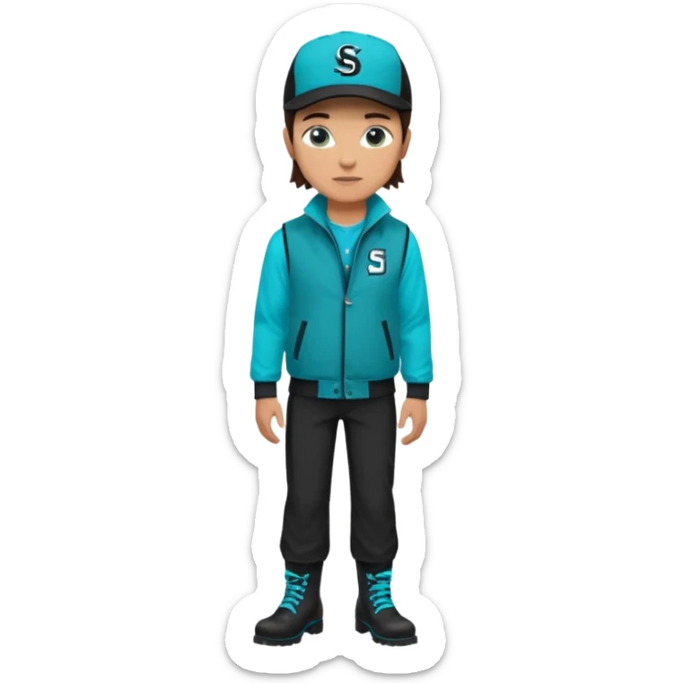 A landscaper in a beautiful turquoise jacket with long sleeves and turquoise boots, black pants, and a black sleeveless shirt. On his head is a black Swissotel baseball cap. The girl is a brunette with blue eyes. sticker