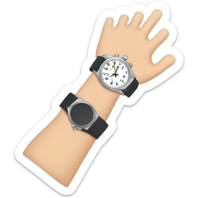 Wrist with a watch and a finger of the other hand pointing on the watch  sticker