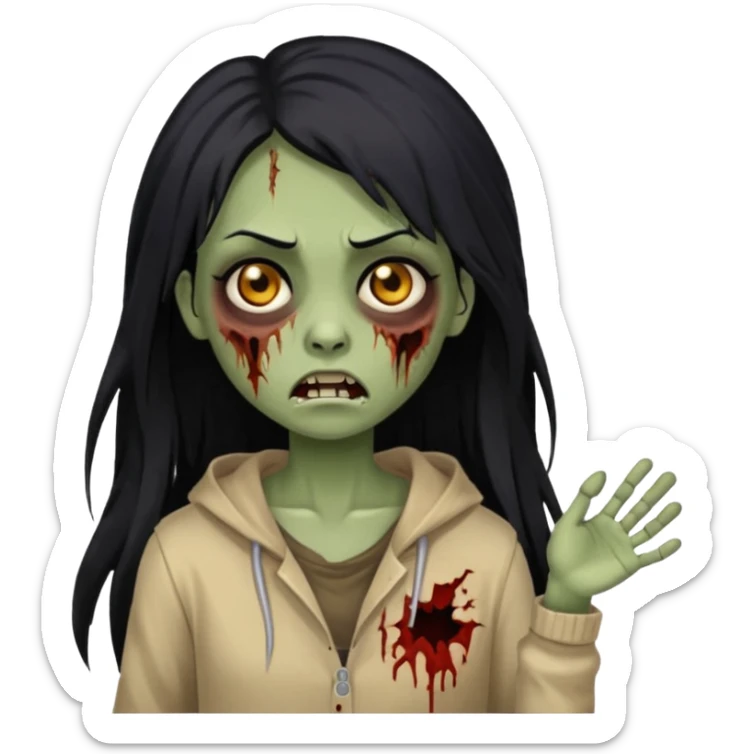 girl zombie with long black hair and beige skin sticker