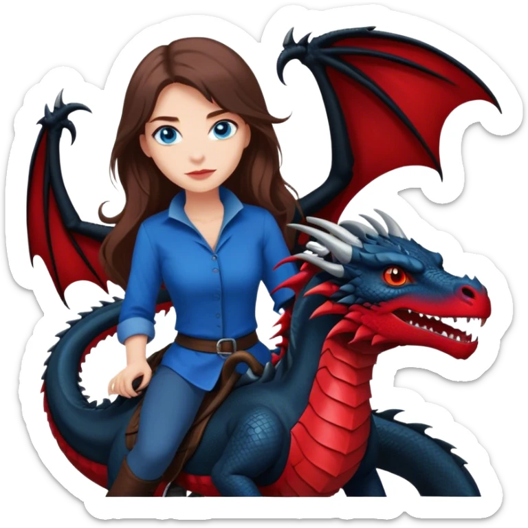 Me, a white female with long brown hair, and blue eyes, wearing black and red, and riding a very black wyvern dragon with hints of red, to your work sticker