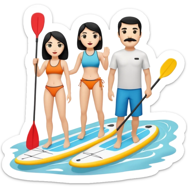 Make a couple paddle boarding both white skin and black hair and the guy has a black mustache, both in the same paddle board sticker