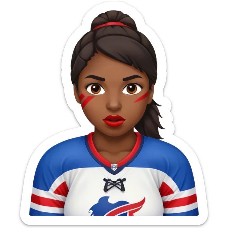 Mujer jugadora de hockey morocha con camiseta rayada horizontal de color azul, blanco y rojo, mordiendose la boca sticker