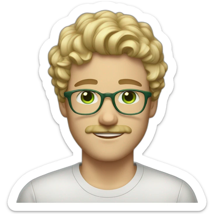 young adult white man with short, curly blond hair, green eyes, transparent acetate glasses, a mustache, and a short beard. sticker