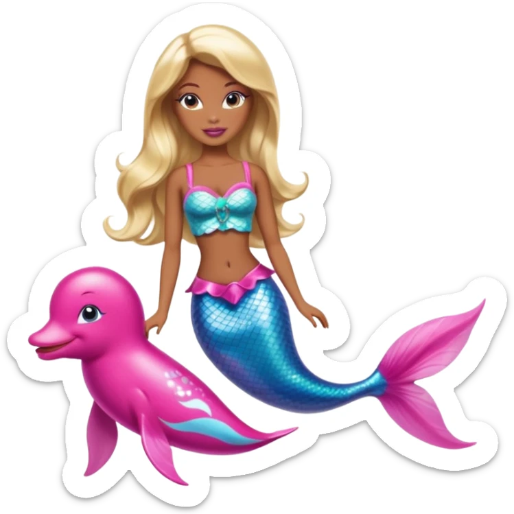 Brown skin blonde hair barbie mermaid with pink dolphin  sticker